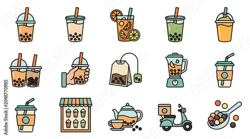 Bilde på lerret Collection of bubble tea and related items icons.