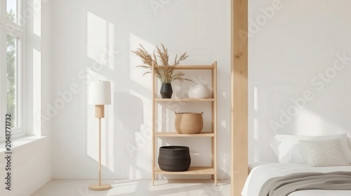 Minimalist Bedroom Corner With Wooden Shelves, Wicker Baskets and Potted Plants in Natural Light