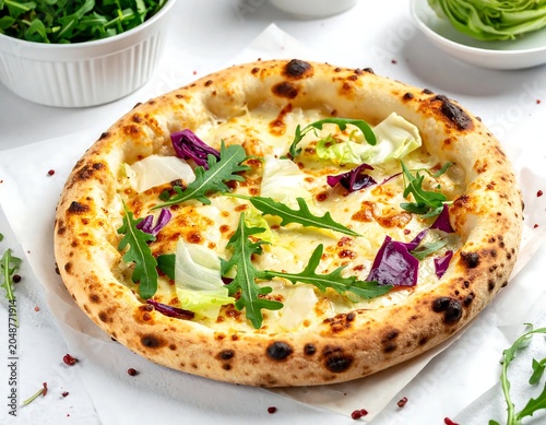 Freshly baked spinach and cheese pizza on white plate.