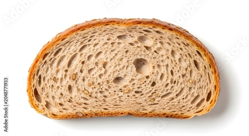 Single Slice of Freshly Baked Artisanal Multigrain Bread with a Golden Crust Isolated on a White Background for Culinary Presentations