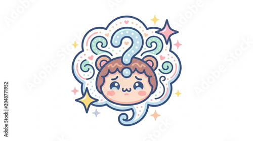 Tableau sur toile Cute cartoon character with question mark above head thinking.