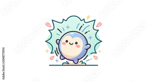 Photos Cute cartoon character jumping with joy and sparkles.
