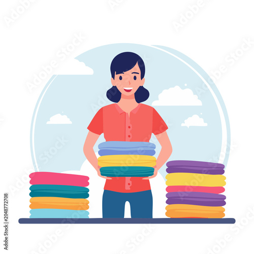 Woman folding clean laundry with piles of clothes