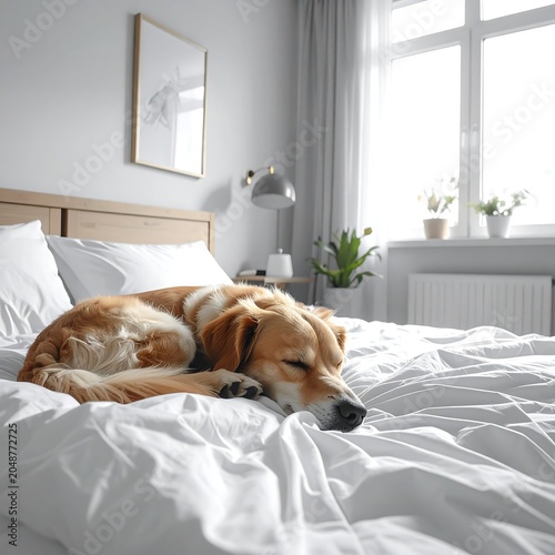 Golden retriever resting on white bed in bedroom.