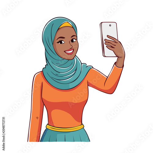 Woman in Hijab Taking a Selfie with Smartphone