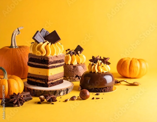 Assorted fruits and baked goods on yellow background.