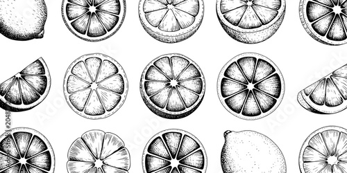 Orange Slice Pattern with Hand-Drawn Black Ink Sketches, Scattered Citrus Halves and Cross-Sections on White Background