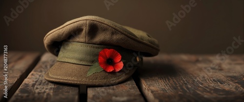 Red remembrance poppy pinned on Australian army slouch hat over rustic recycled wood for Anzac Day