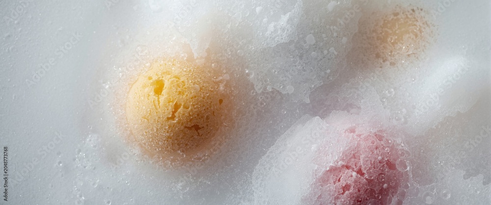 Fototapeta premium Vivid bath bombs dissolving with bubbles in a cheerful bubble bath