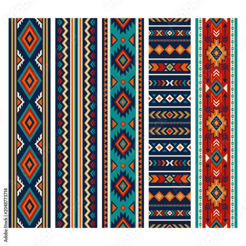 Bild auf Leinwand Southwestern tribal geometric set of seamless vertical border patterns with woven diamond textile motifs