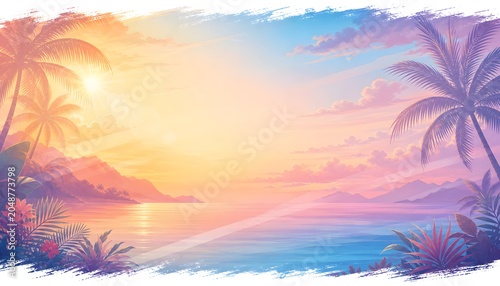 Tropical Sunset Beach Banner with Palm Trees and Copy Space