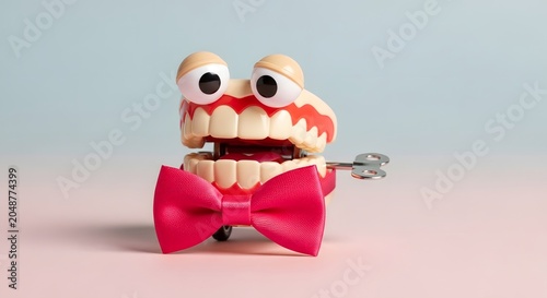 Funny mechanical wind-up chattering teeth toy with googly eyes and pink bow tie on pastel background concept