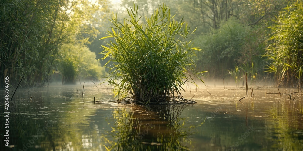 Fototapeta premium Wetland ecosystem showing water bamboo or horse tail bamboo species
