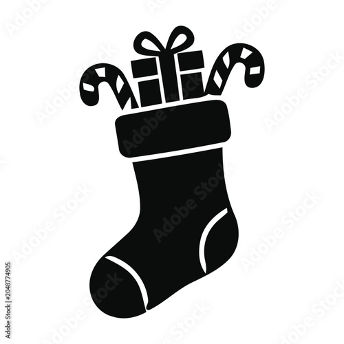 Christmas Stocking Silhouette with Gifts and Candy Canes Holiday Vector Icon