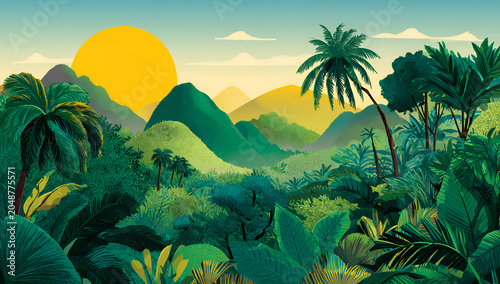 A vibrant, stylized illustration showcasing a lush tropical landscape with a prominent sunset and layered green mountains. The artwork is flat with deep greens