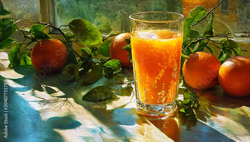 A vibrant still life captures a glass of freshly squeezed juice, oranges, and foliage on a sunny windowsill, with light and shadows