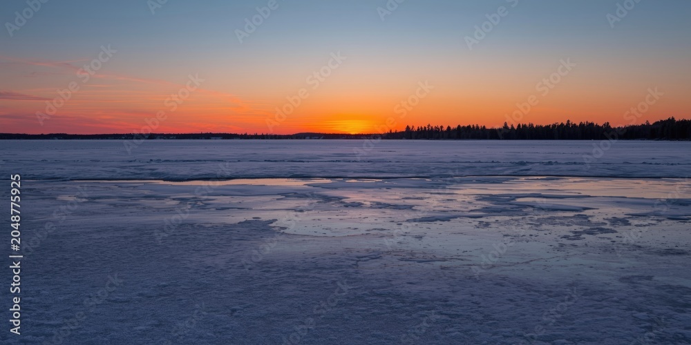 Obraz premium ice covered pond alongside a vivid sunset horizon