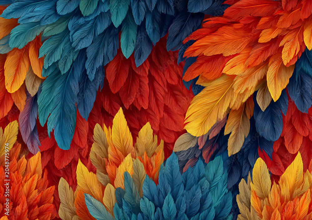 Obraz premium A vibrant, colorful illustration showcasing a layered composition of stylized feathers in a stunning array of warm and cool tones