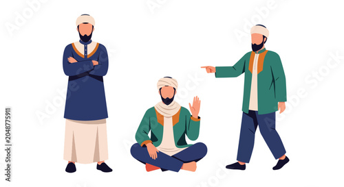 Fotografía Set vector collection of Muslim men in traditional modest clothing representing