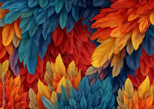 A vibrant, colorful illustration showcasing a layered composition of stylized feathers in a stunning array of warm and cool tones