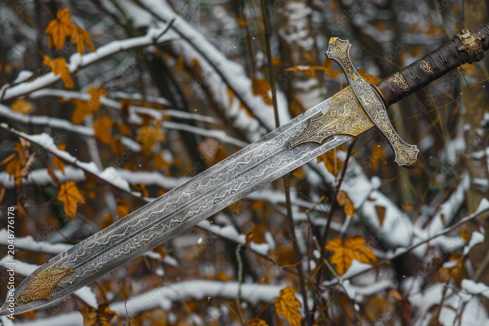 Obraz premium Ornate fantasy sword with gold hilt and engravings, resting on snow covered branches in a forest with autumn leaves, creating a magical and mysterious scene