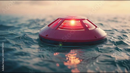 Emergency distress beacon floating on ocean water, futuristic rescue technology concept, no text