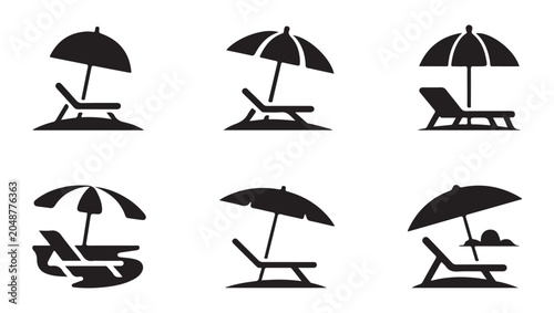 Fotografía Set of black beach chair and umbrella icons isolated on white background
