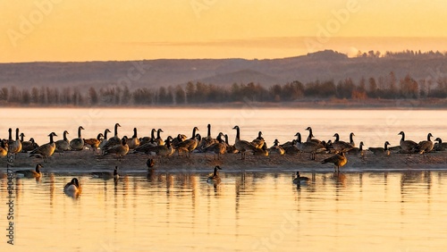 A flock of geese resting on a sandbar in a lake during golden hour.