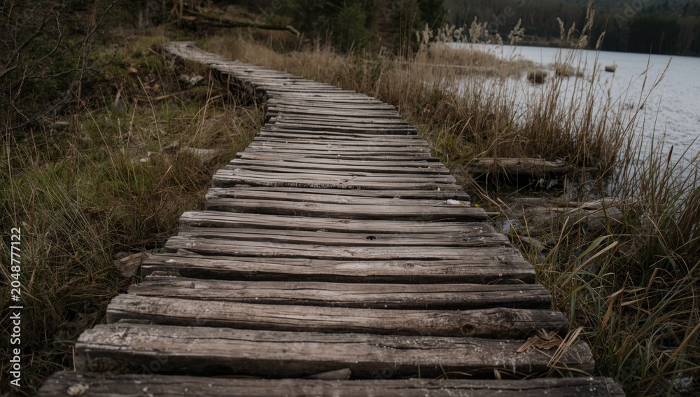 Obraz premium rustic footpath of aged gray wood beside lake
