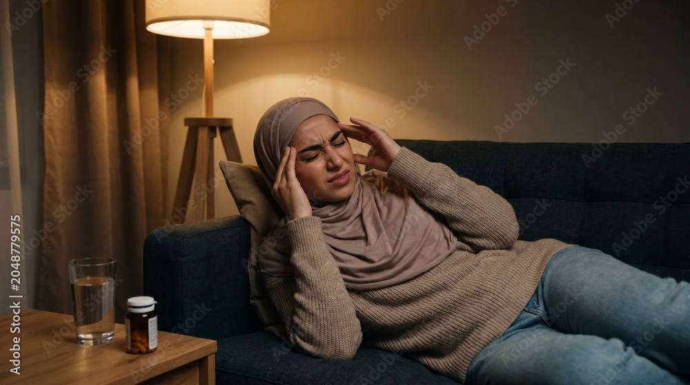 Obraz premium Tired woman wearing a hijab lying on a dark living room couch, massaging her temples to relieve a severe headache. Medicine on table nearby.