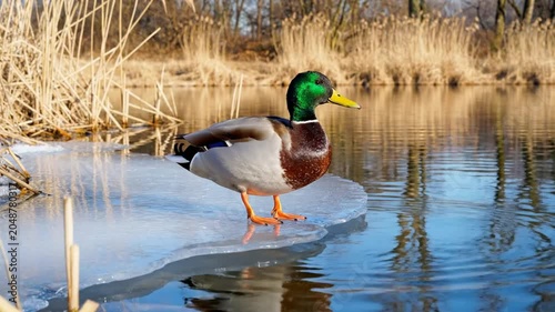 Mallard duck drinks water and takes plunge from a piece of ice on a tranquil lake in a sunny setting.