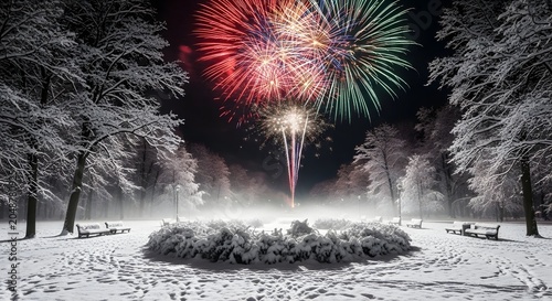 Spectacular Colorful Fireworks Display Above a Serene Snowy Park at Night During the Winter Season