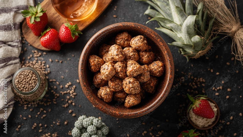 Fototapeta premium Wholesome tropical fruit and chia seed treat for workout recovery
