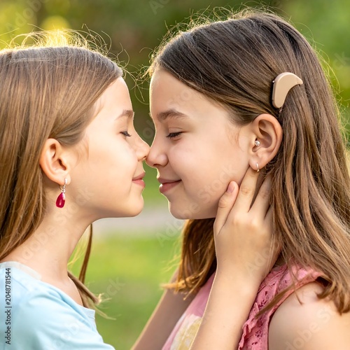 Two young women sharing a tender moment outdoors.