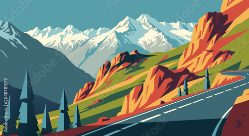 Foto Scenic winding mountain road illustration with snow capped peaks and vibrant aut