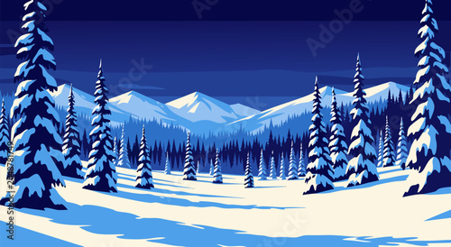 Quadro su tela Serene Winter Landscape Vector Illustration Snow-Covered Pine Trees and Majestic