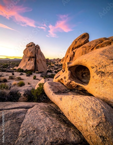 Dramatic sunset over ancient desert rock formations.