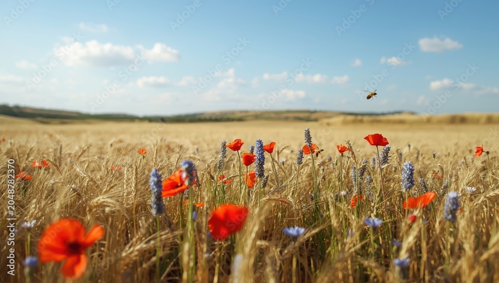 Obraz premium Natural wheat expanse adorned by vibrant poppies and cornflowers swaying freely below an open sky advocating for pollinator conservation