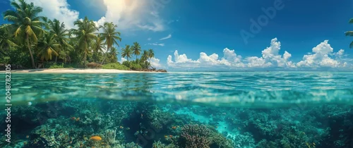 Panel kuchenny z motywem Peaceful tropical island getaway showcasing palm trees and fascinating underwater sea life in summer