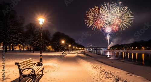 Festive night winter landscape featuring colorful fireworks exploding over a snow covered park path with warm streetlights and empty bench