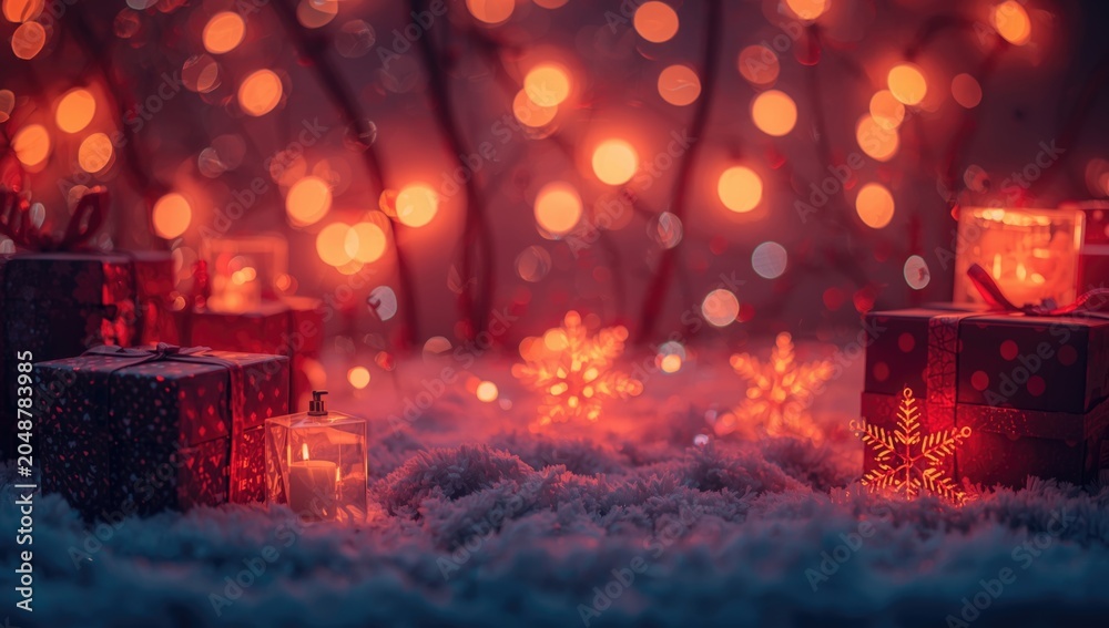 Obraz premium Winter holiday background with neon glow, festive presents, and luminous lights