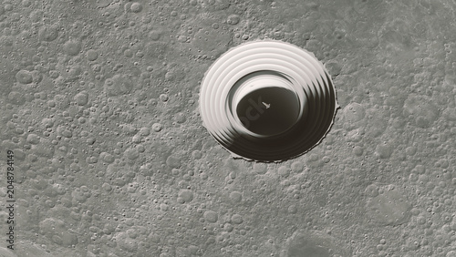 Massive Circular Lunar Base Moon Crater Concentric Rings Futuristic Outpost Spacecraft Deep Shaft Sci Fi Architecture Vast Lunar Surface 3d illustration
