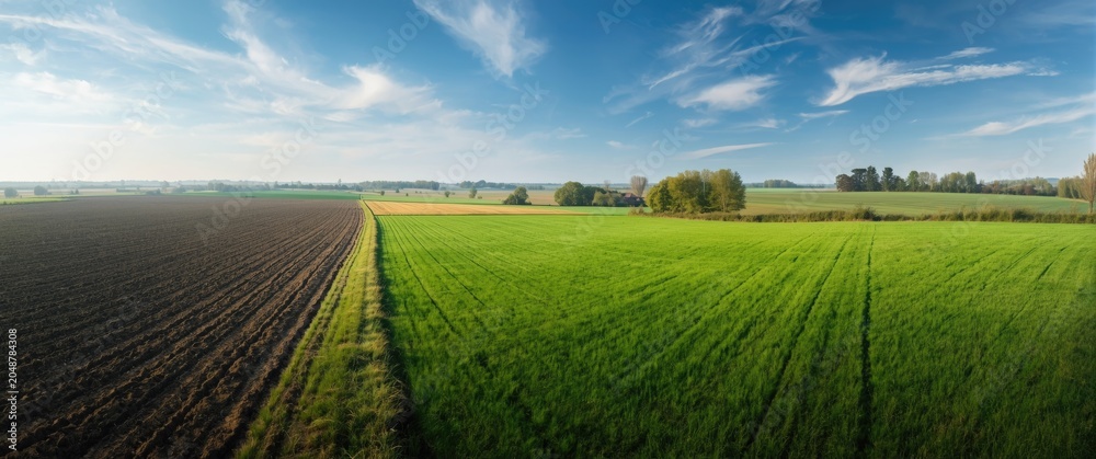 Obraz premium High viewpoint showing fresh green pasture adjoining deep brown turned soil in a soothing countryside landscape backdrop