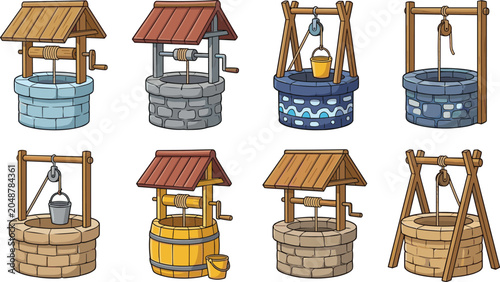 Bild auf Leinwand Traditional water well collection illustration featuring wooden stone and rustic