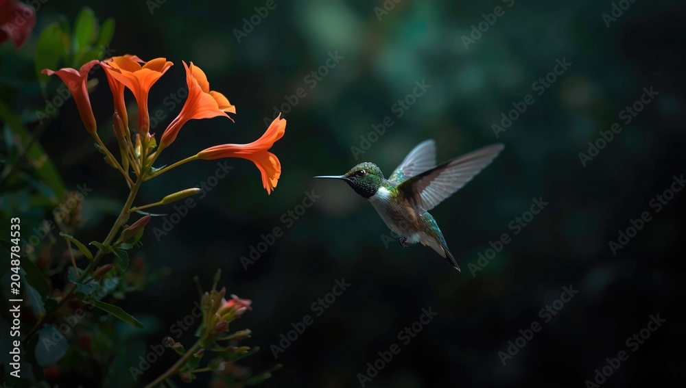Fototapeta premium Vivid hummingbird flying while feeding on crocosmia nectar in dense tropical woodland habitat