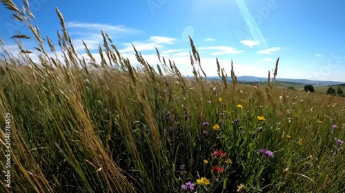 Scenic meadow landscape with tall grass and wildflowers swaying in the wind under a bright blue sky.