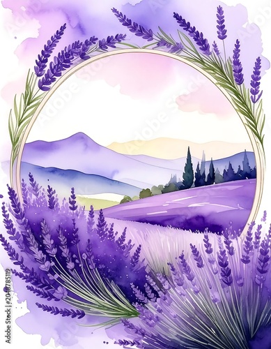 Pastel watercolor landscape with mountains and lake.