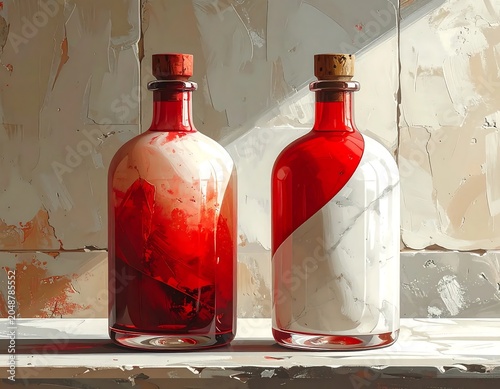 Red wine bottle and glass on wooden table.