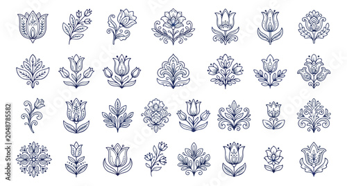 Photos Scandinavian folk art floral icons, 28 blue line art botanical elements, traditi