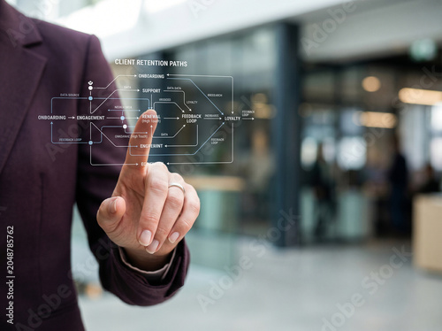Customer journey mapping hand touch interface in office, business strategy concept for retention and loyalty